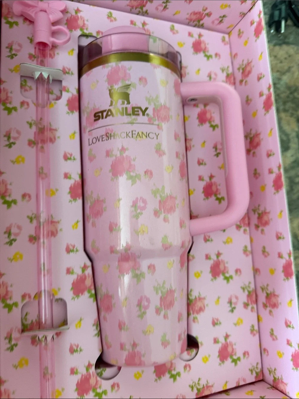 Love Shack Fancy Stanley Collab 30oz Pink Floral Tumbler with Bow Straw Topper - Picture 13 of 14